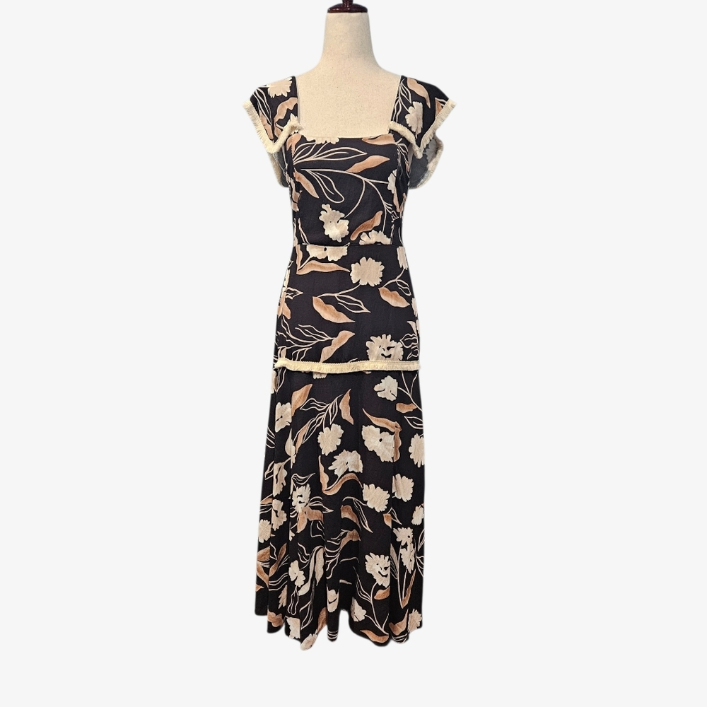 Square-Neck Floral Maxi Dress in Black and Cream